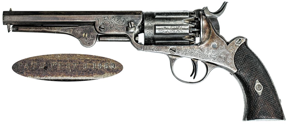 Obverse overall view of Walch Navy Revolver #53. This is one of the rarer factory engraved examples with checkered grips. All photos by Tim Prince.