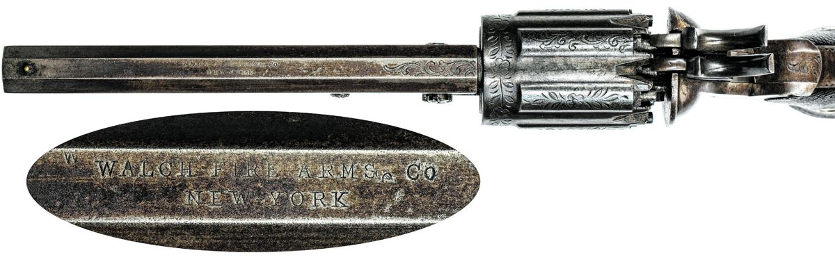 Overall reverse view of Walch Revolver #53, inset shows the patent date information that is roll marked on the left side of the barrel, referring to Walch’s February 8, 1859, patent #22,905.