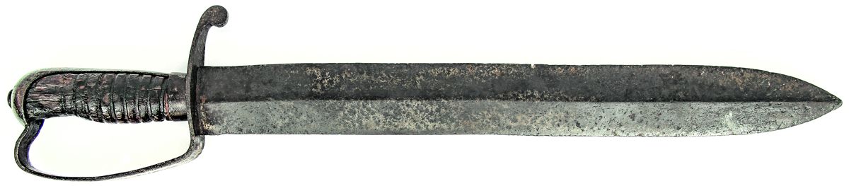 Reverse hilt of the Ferguson knife, with the inset showing the same maker’s mark found on the guard. The mark is weak, probably a combination of having been struck by hand on a hardened blade and from wear, oxidation, and pitting.