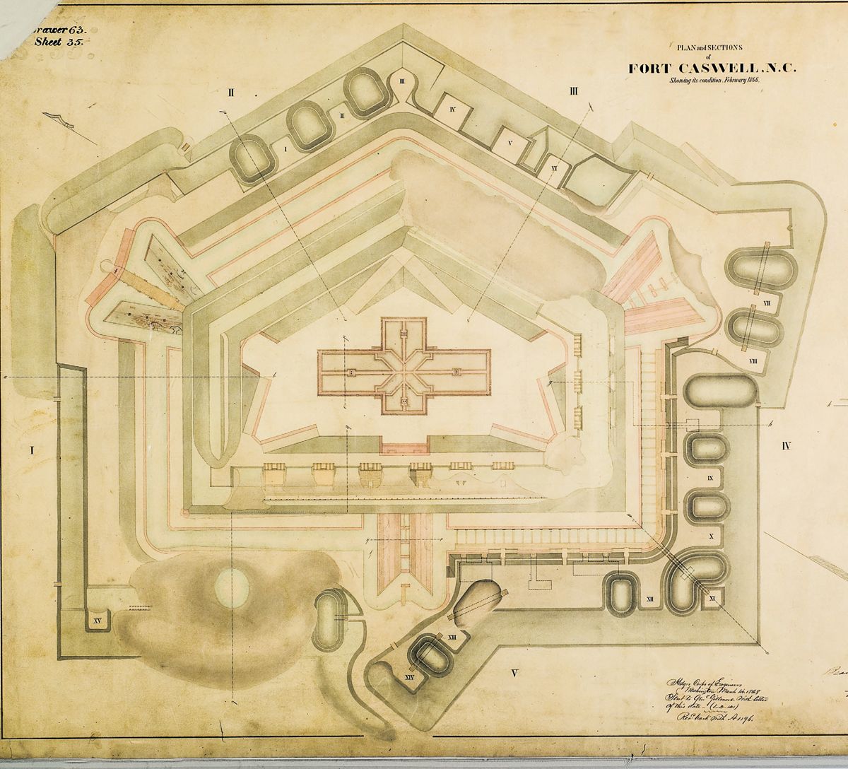 Plan and sections of Fort Caswell showing its condition in February 1866.