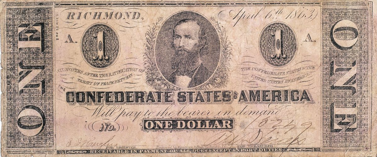 Confederate currency. Different denominations and years. Courtesy Greg Ton Currency.