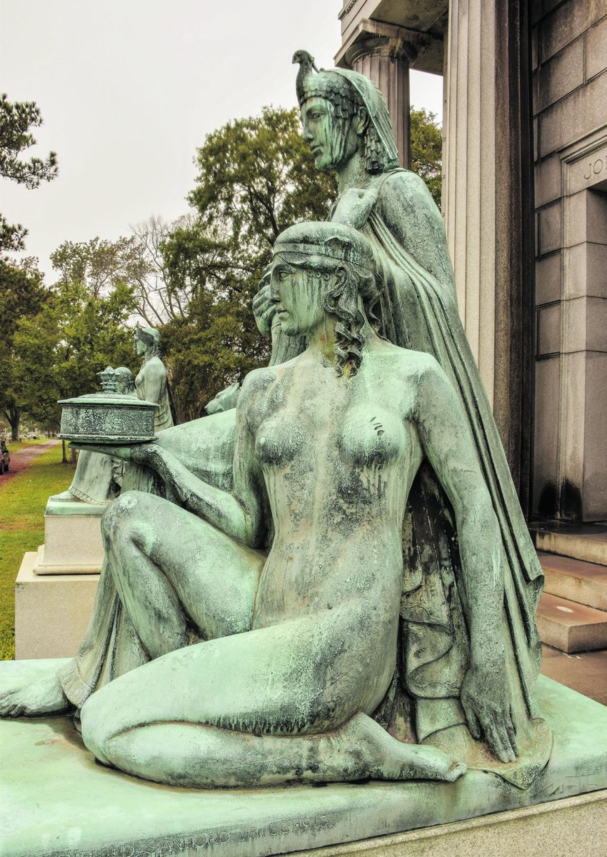 One of two bronze sculptures gracing the entrance to the mausoleum, Romanesque in style. These were sculpted by Edward Field Sanford who was the sculptor of several public art installations in Brooklyn, New York. The sculptures were cast by Roman Bronze Works in New York in 1915.