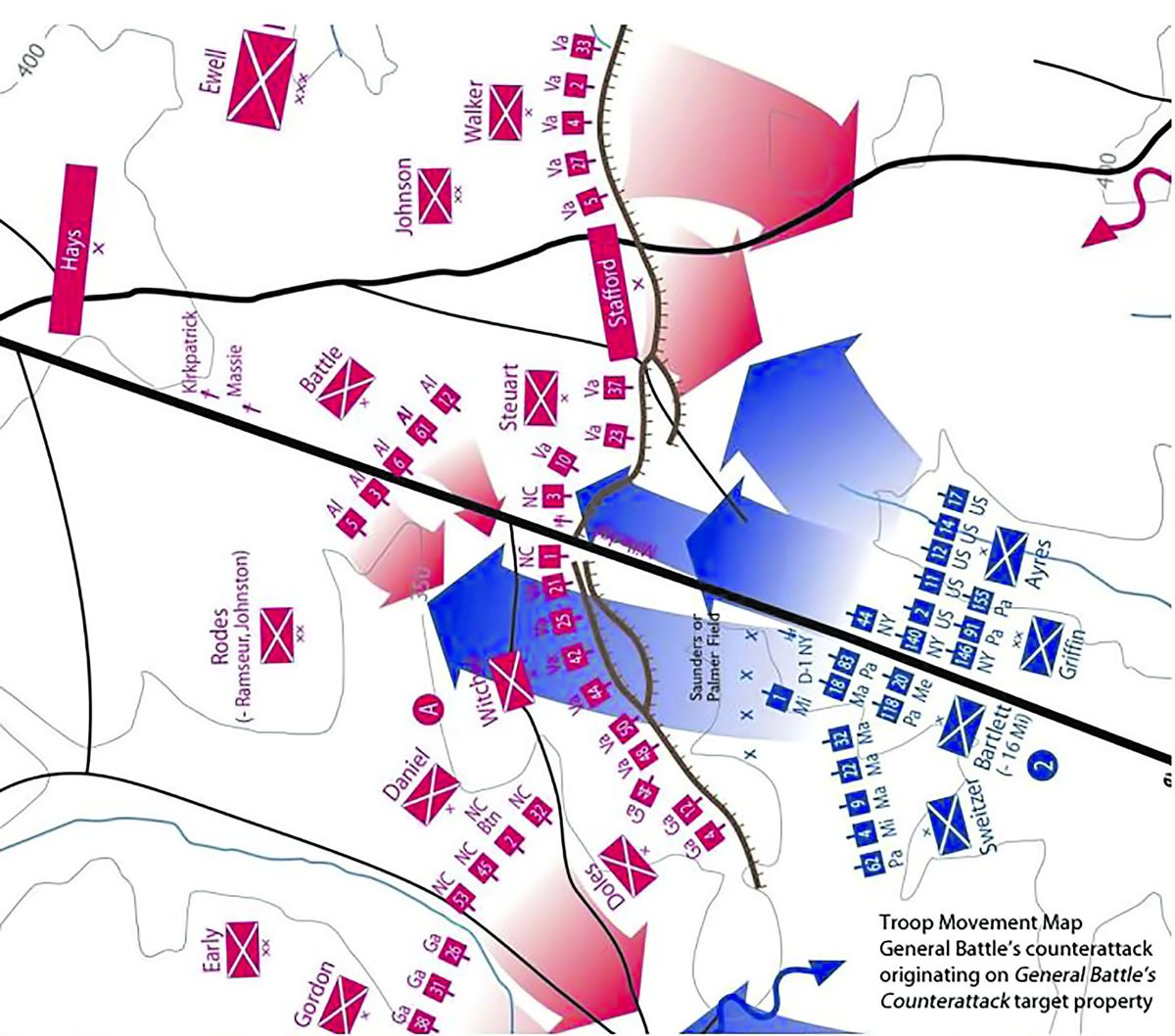 This map shows General Battle’s counterattack and the area of the land to preserve.