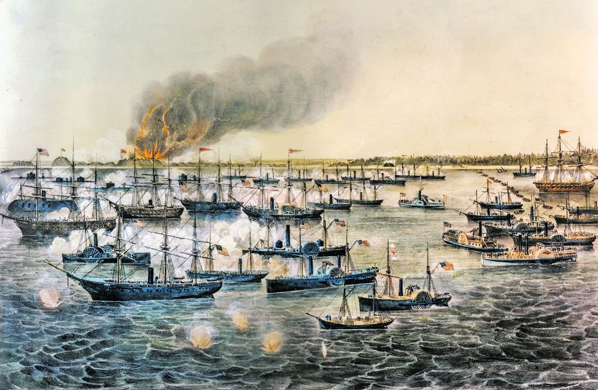 Currier and Ives lithograph of the U.S. Navy’s Bombardment of Fort Fisher, N.C, Jan. 15, 1865.
