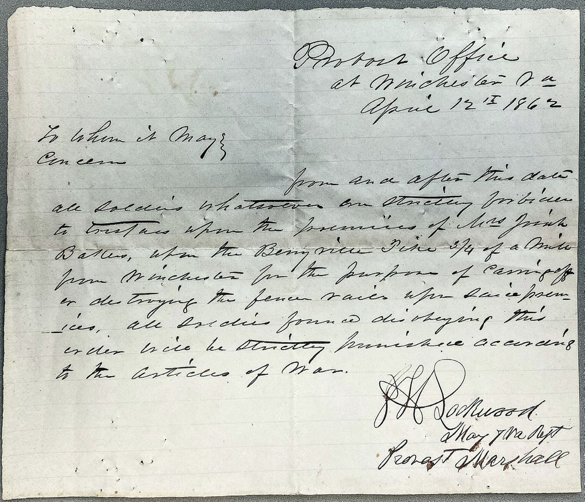 Major Jonathan Lockwood’s order prohibiting trespassing on Baker’s farm. Courtesy, McCormick CWI.
