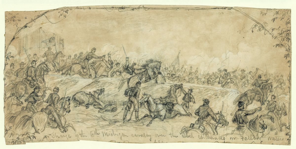 Charge of the 6th Michigan cavalry over the rebel earthworks near Falling Waters. Alfred Waud, artist. Library of Congress.