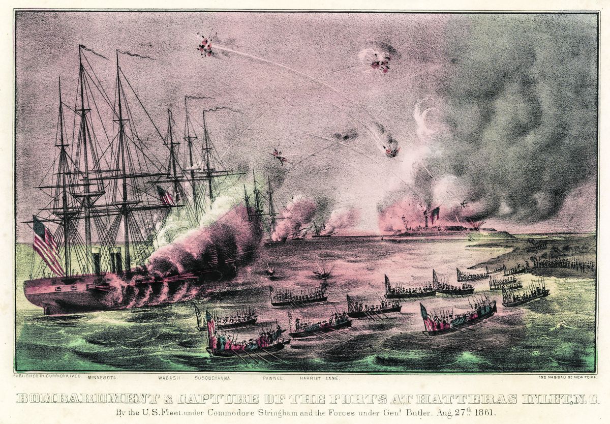 Capture of the Forts at Cape Hatteras inlet – First day, fleet opening fire and troops landing in the surf. Library of Congress.