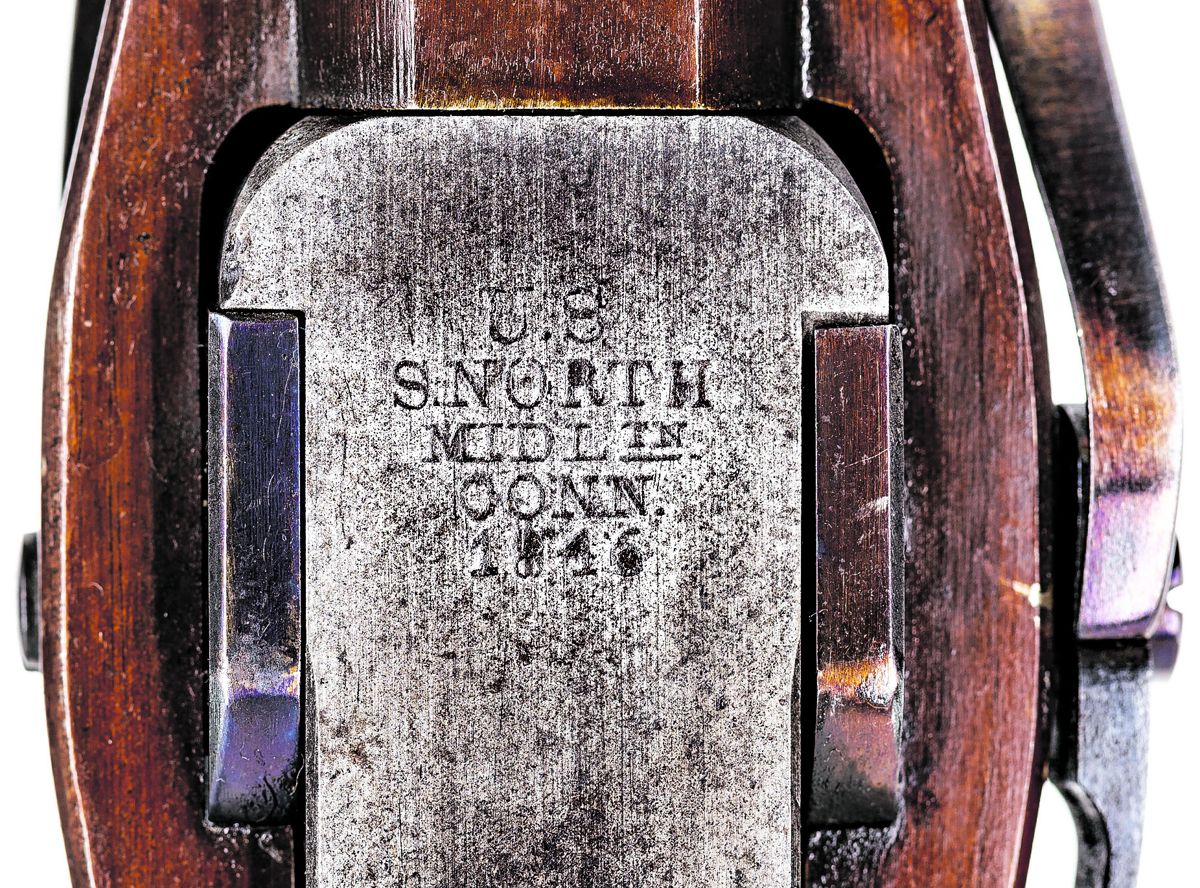 Close up of the standard 1843 Hall-North carbine breechblock markings.