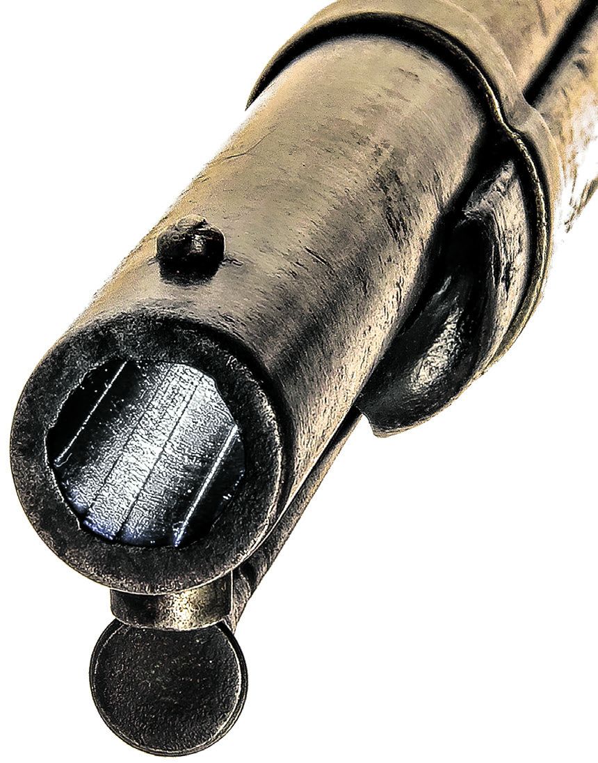 Below right: Rifled bore of one of the “Fremont” Hall carbines. Externally there is no indication of whether a M1843 Hall is in its original smoothbore configuration or if it has been modified. Only examining the bore for rifling and measuring the diameter of the chamber can confirm whether it is a modified gun or not.