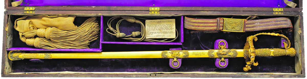 Cased presentation sword of Gettysburg hero General Alpheus S. Williams. This sword was made by Bailey of Philadelphia though agent marked Canfield Brothers, Baltimore, with a Collins, Hartford, Conn., 1862 dated blade etched with four battle honors: “WINCHESTER, CEDAR MOUNTAIN, RAPPAHANOCK, and ANTIETAM.” Courtesy of Poulin Antiques & Auctions, Inc.