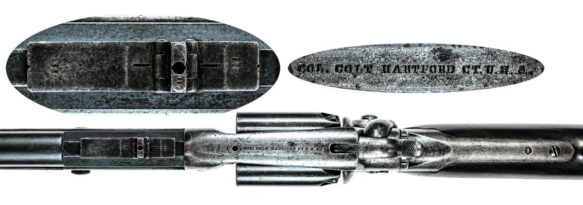 Reverse view of the rifle’s frame, showing patent markings on the frame and in the cylinder flute.