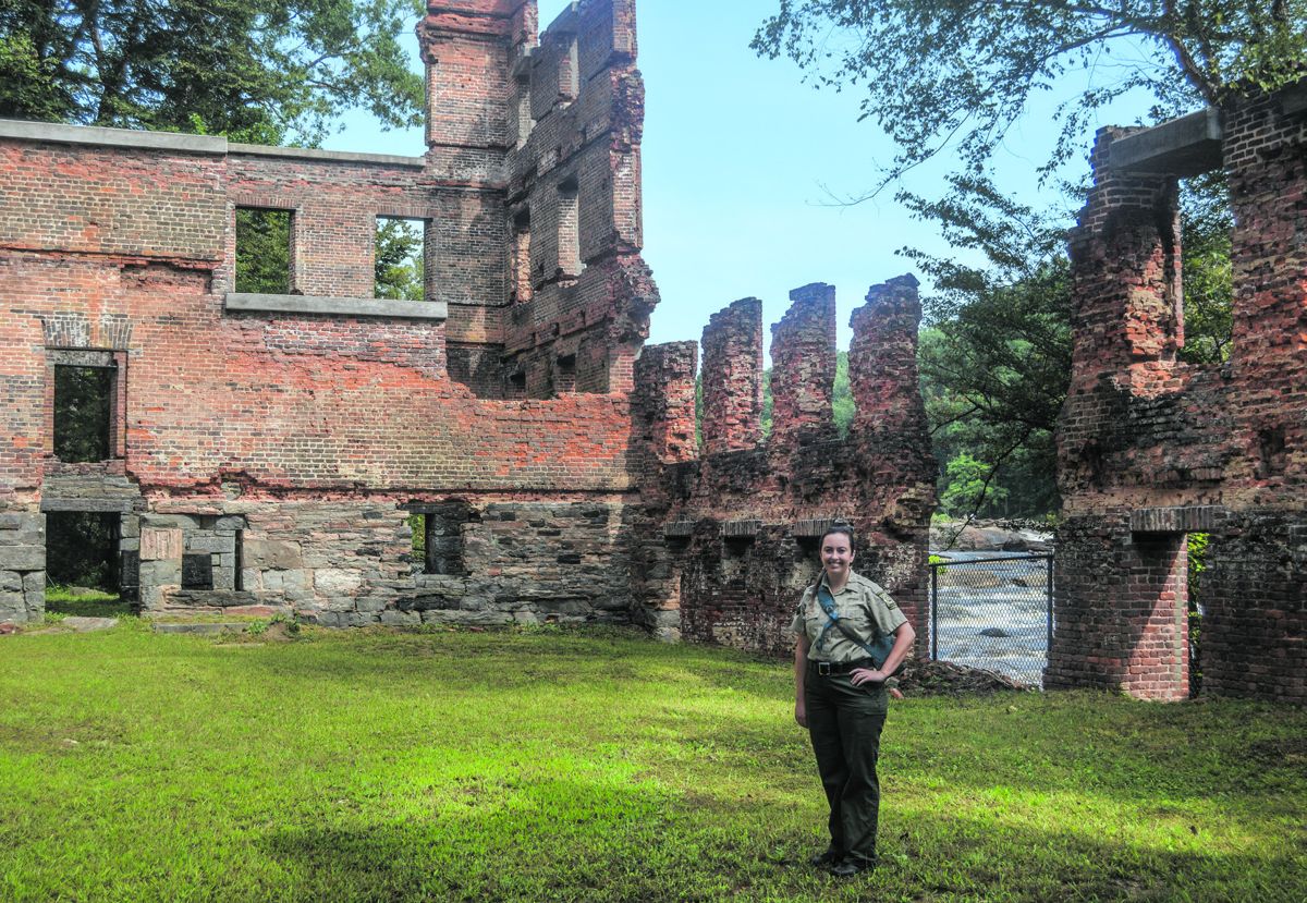Interpretive Ranger Sarah Kelehear inside the ruins of the New Manchester Manufacturing Company’s mill at Sweetwater Creek State Park. All photos by Gould Hagler.