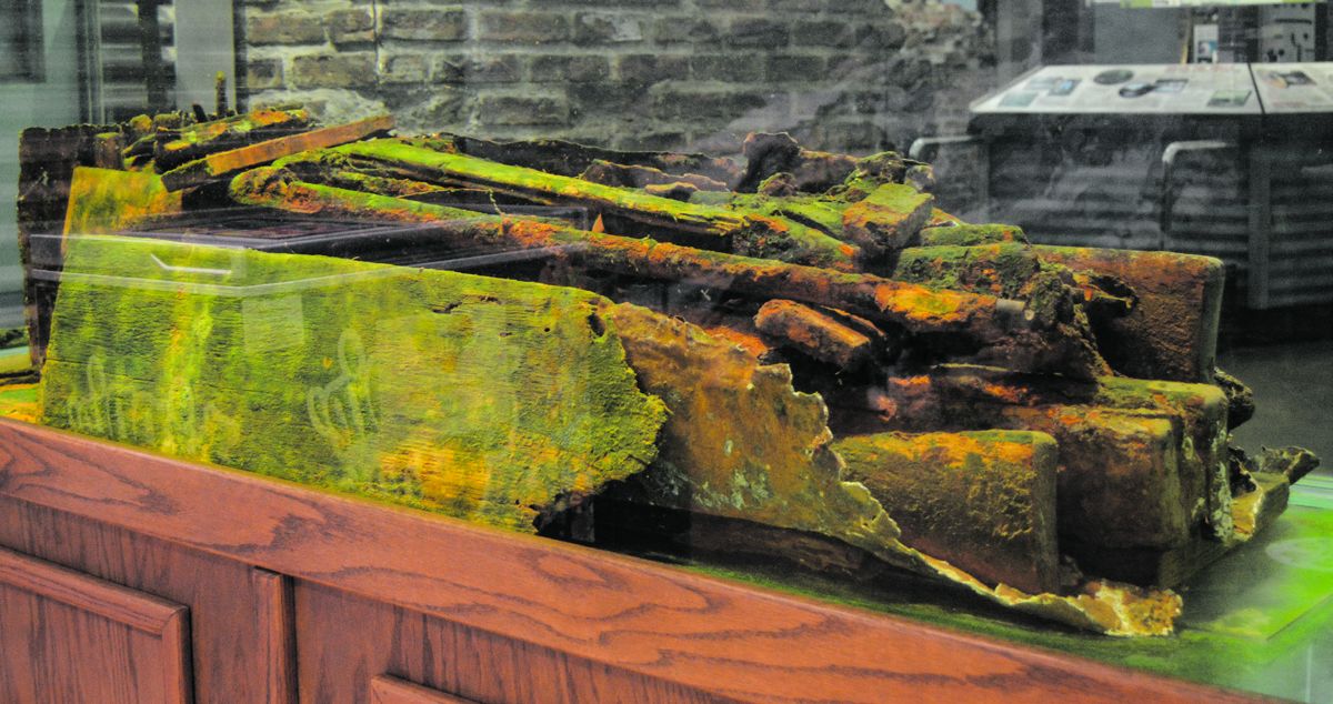 Look closely and you will see a wooden crate with imported English Enfield rifles recovered from a sunken blockade runner in Charleston Harbor.