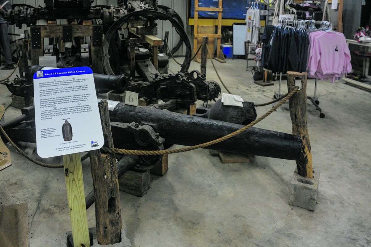 Sign explaining 4-inch, 18-pounder rifled Fawcett, Preston cannon in background.
