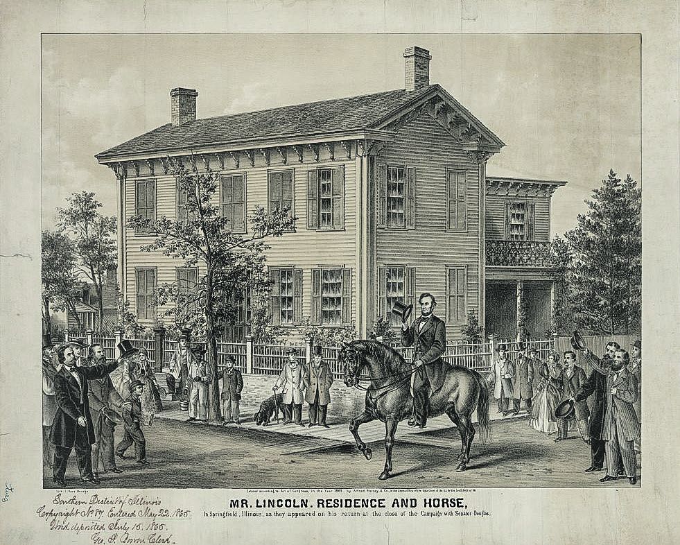 Kurz: “Mr. Lincoln. Residence and Horse, / In Springfield, Illinois, as they appeared on his return at the close of the