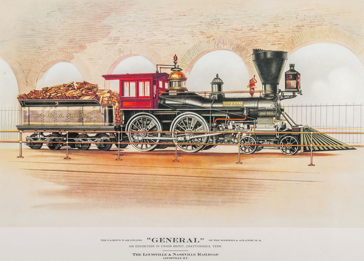 Antique print of “The Famous War Engine ‘General’ of the Western & Atlantic R.R. on Exhibition in Union Depot, Chattanooga, Tenn.” Today the General is located on exhibit at the Southern Museum of Civil War and Locomotive History, Kennesaw, Ga.