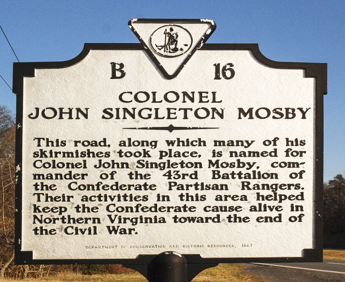This highway marker on a road in Northern Virginia marks an area where Mosby’s Partisan Rangers operated.