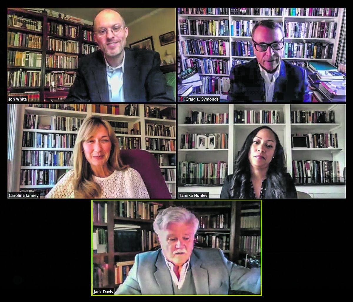 Teaching panel: from top-left to bottom: Jonathan White, Craig Symonds, Caroline Janney,
