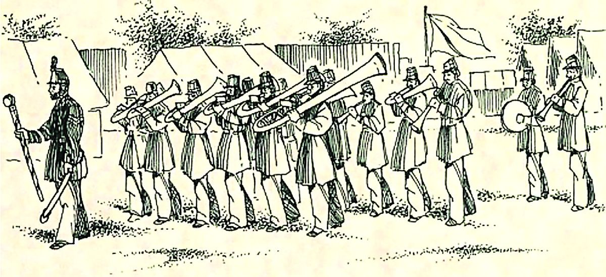 Military Brass band with bells of instruments facing backwards.