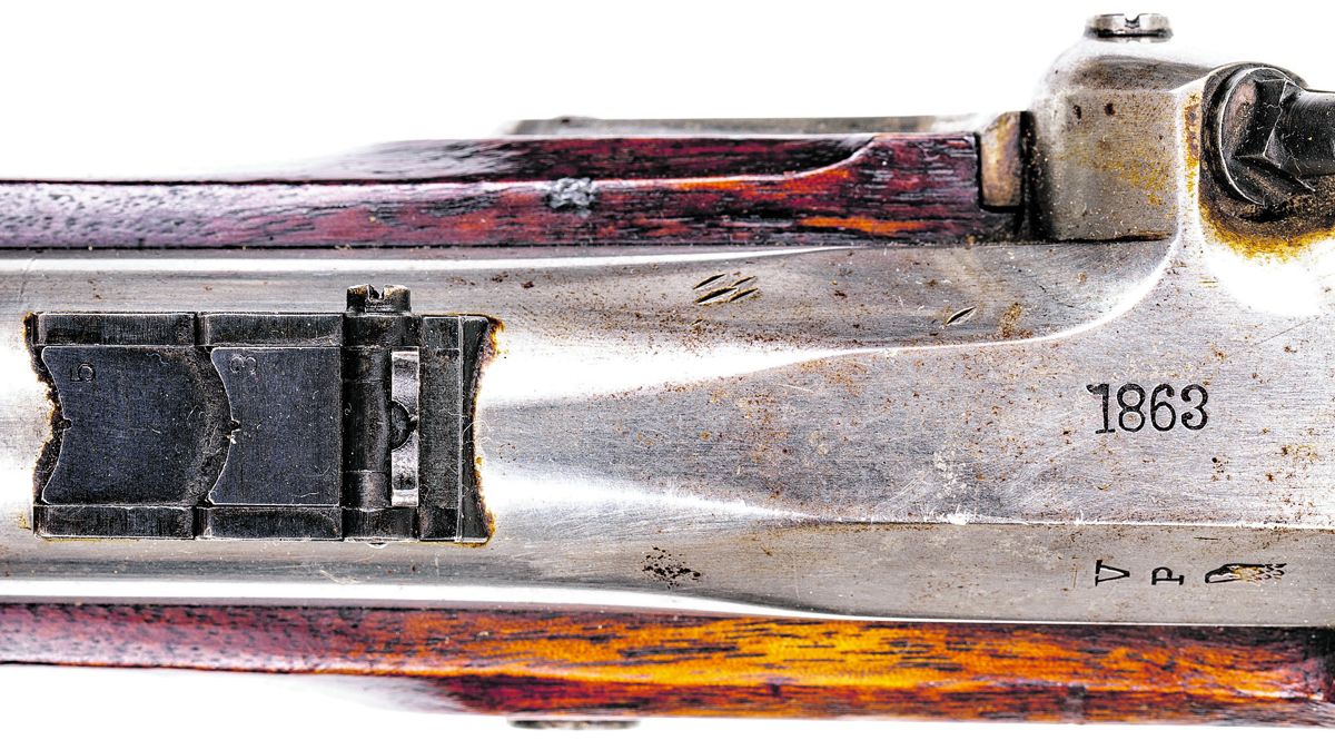 Close up of the M1858 pattern rear sight on the Schubarth contract M1861 rifle musket.