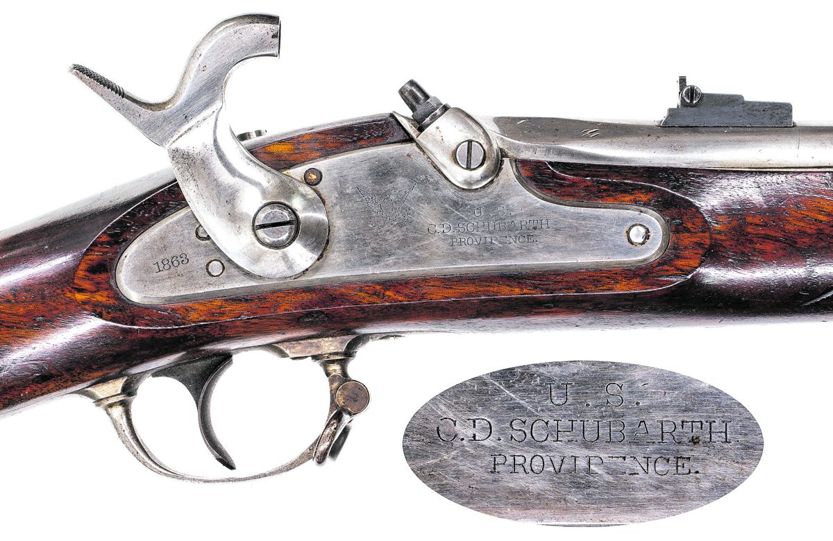 Close up of the lock of a C.D. Schubarth marked U.S. M1861 rifle musket. Inset shows the Schubarth lock markings. All photos by Tim Prince.