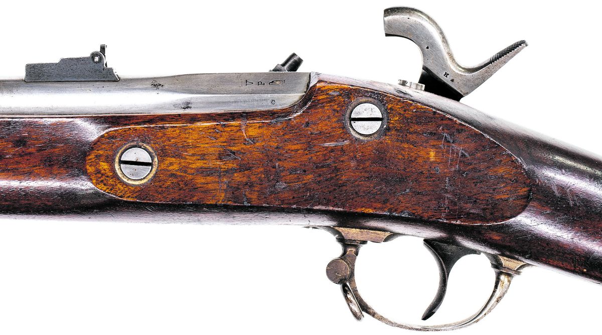 Close up of the lock of a C.D. Schubarth marked U.S. M1861 rifle musket. Inset shows the Schubarth lock markings. All photos by Tim Prince.