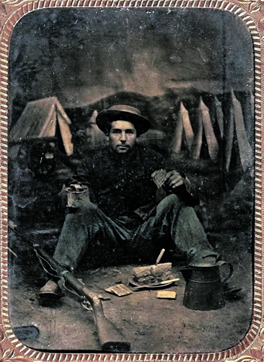 A Union soldier with his hardtack, salted pork, gun, and coffee pot, known as a “mucket.” Courtesy Heritage Auctions.