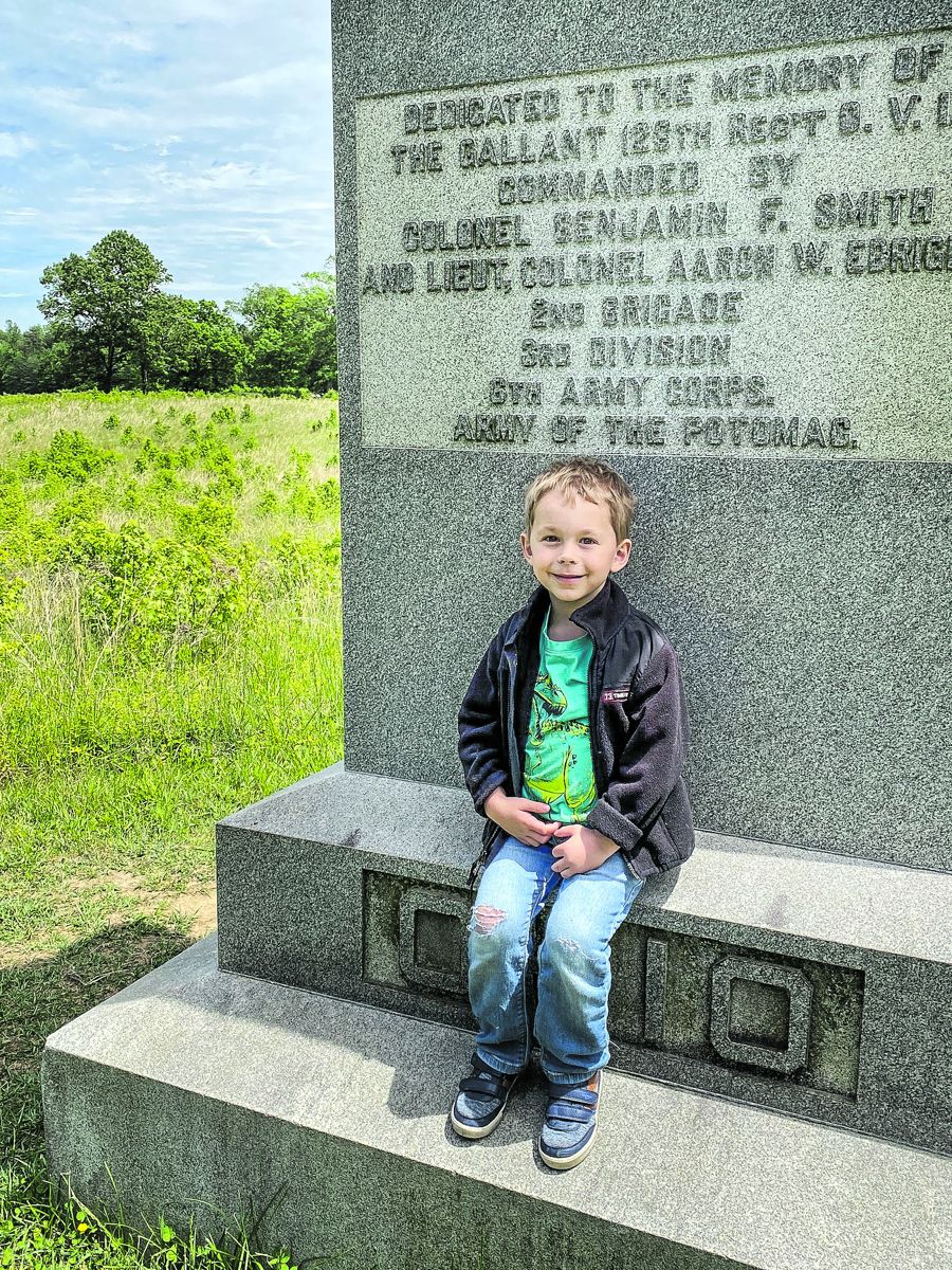 Maxwell Mackowski takes a break from a walk at Spotsylvania’s Bloody Angle.