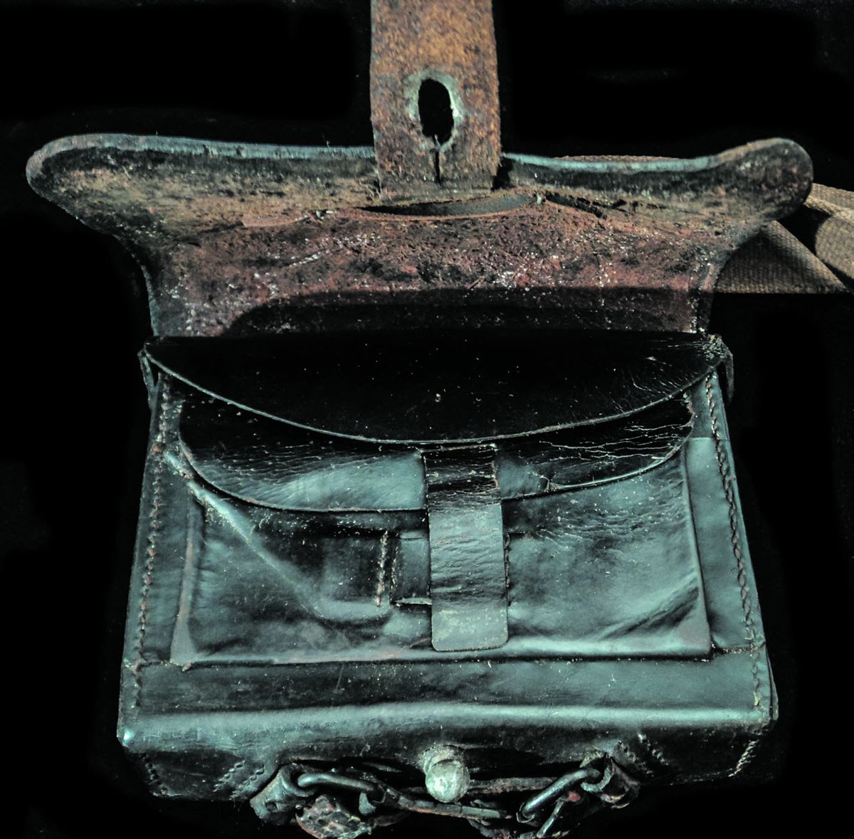 Lifting the outer flap exposes the inner flap and tool pouch.
