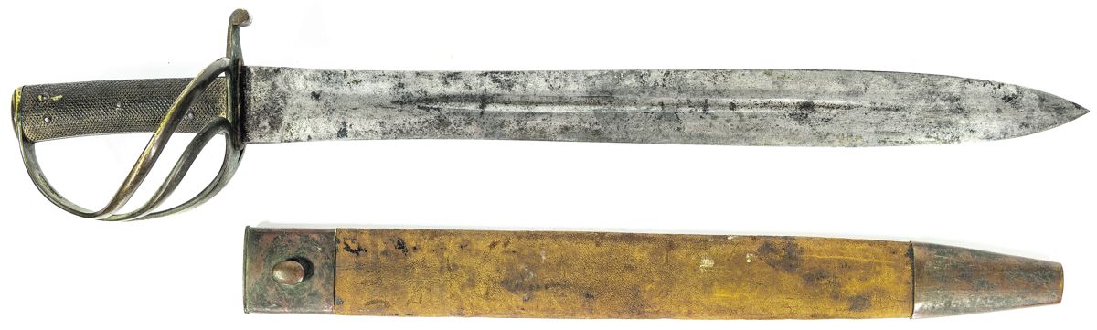 Overall obverse view of a Courtney & Tennent marked Confederate Naval Cutlass produced by Robert Mole. This is the most common variant with the three-branch brass cavalry guard. The scabbard has lost the black leather surface finish due to flaking. Photo by Tim Prince.