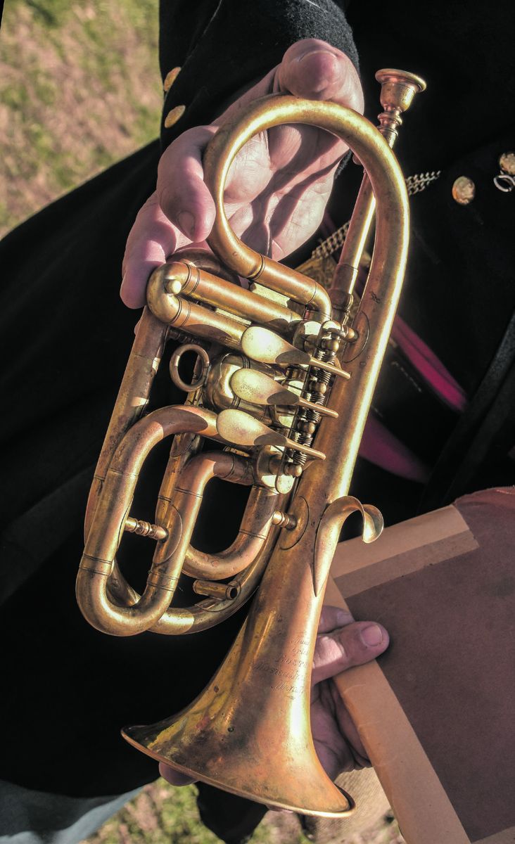 A side-action rotary valve cornet is Jari Villanueva’s instrument of choice. It was manufactured by the Boston Musical Instrument Manufactory about 1870. All photos by Bob Ruegsegger.