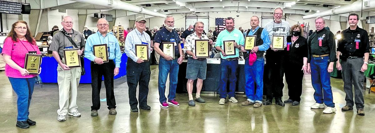 Award winners from left to right: Elizabeth Topping, Richard Wolfe, Richard Hudak, Bill Combs, Randy Setty, Cliff Kranik, Ken Knoll, Ken Baumann, and Gene Salecker. Show promoters: Teresa Drushel, and her brothers, Greg and Wayne Williams.