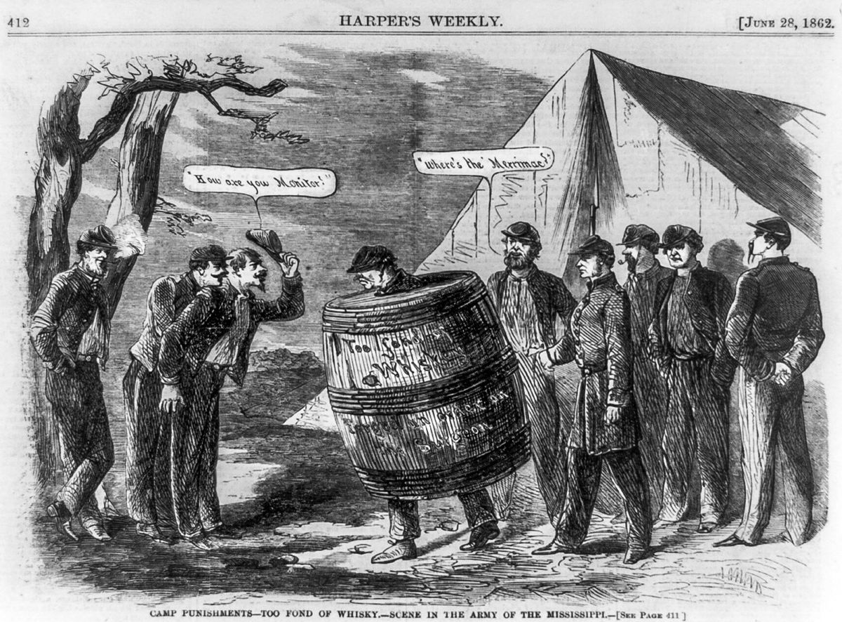 Camp punishments—too fond of whisky [sic]—scene in the Army of the Mississippi. Harper’s Weekly, June 28, 1862, p.