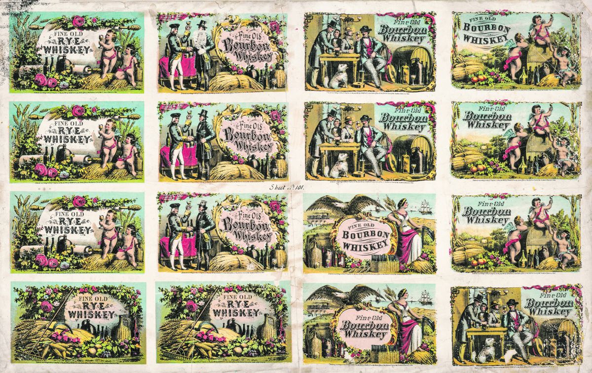 Sheet no. 101. Proof sheet of trade cards for whiskey. Library of Congress.