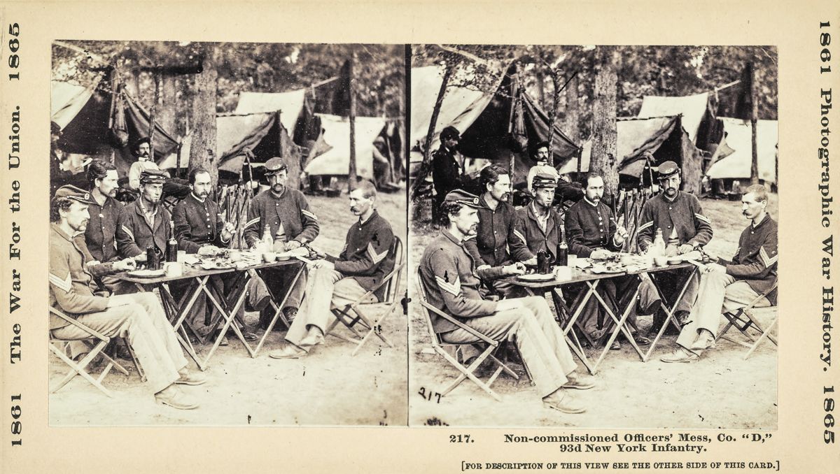 Non-commissioned Officers’ Mess, Co. D, 93rd New York Infantry. Photograph taken in Bealton, Va., in August 1863. Library of Congress.