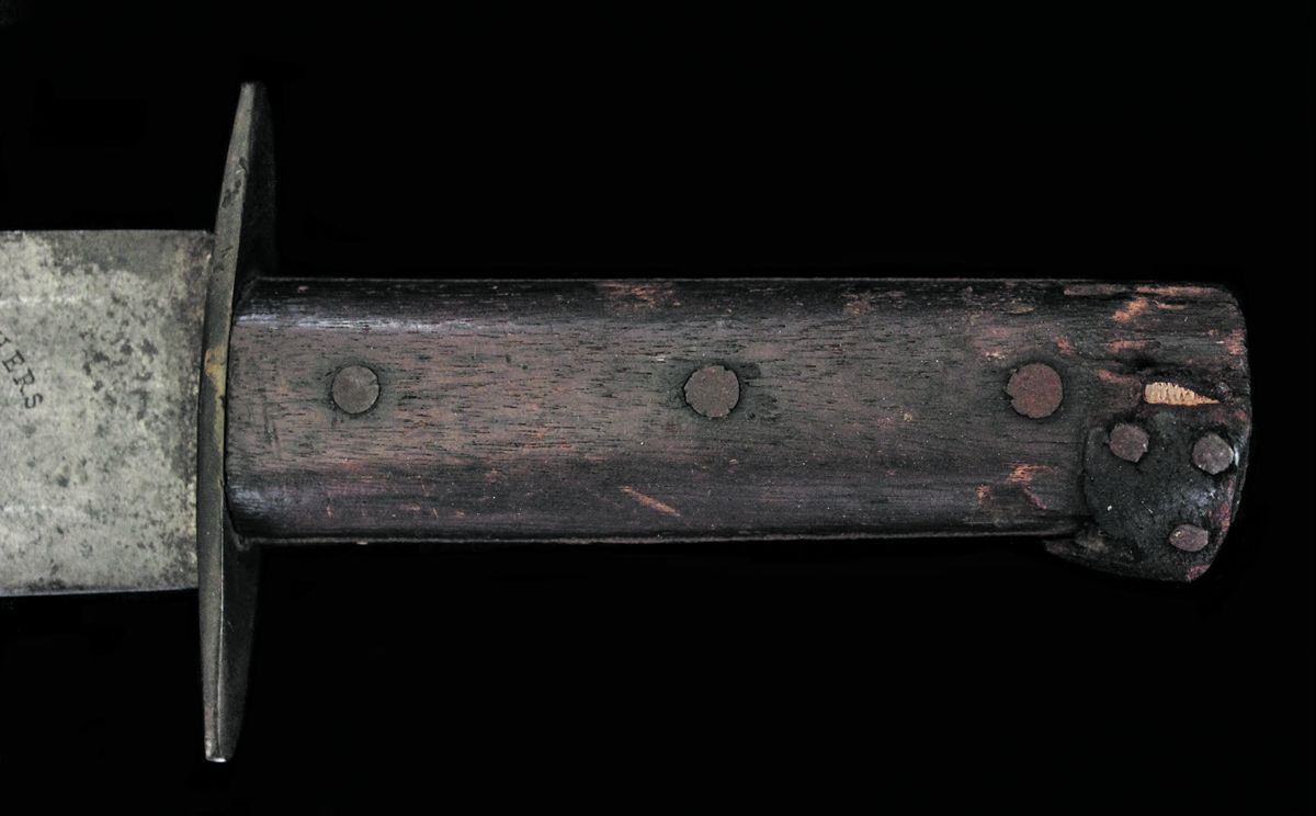 Note the leather strip added by its Confederate owner, this helped prevent the knife from sliding from his hand when wet, and may have had a lanyard affixed.