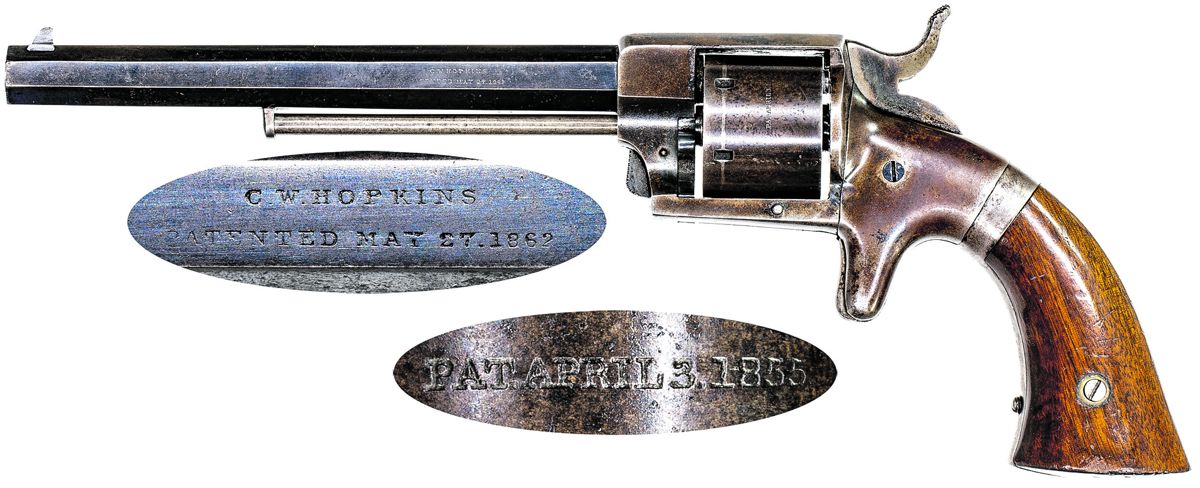 Reverse view of the 2nd Model Bacon Navy revolver. Insets show the patent marking for Hopkins’ swing-out cylinder patent and the cylinder marking with the date of the Rollin White patent, required after Bacon’s loss in the lawsuit brought by Smith & Wesson.