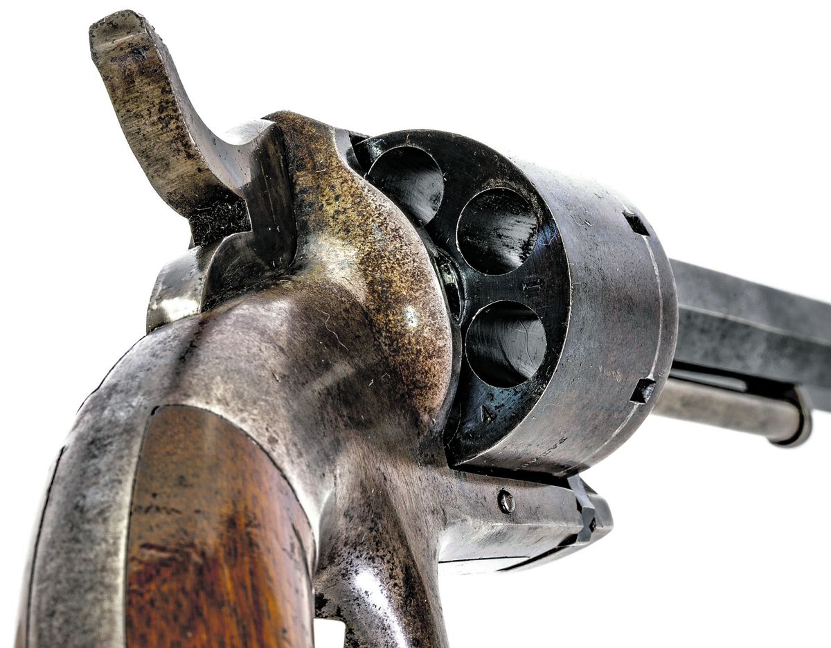 Reverse view of the 2nd Model Bacon Navy revolver. Insets show the patent marking for Hopkins’ swing-out cylinder patent and