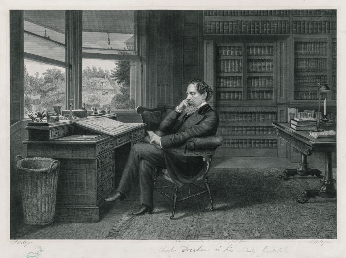 Charles Dickens in his study. Print shows Charles Dickens, full-length portrait, seated at desk, facing left, in his study at Gad’s Hill Place. Library of Congress.