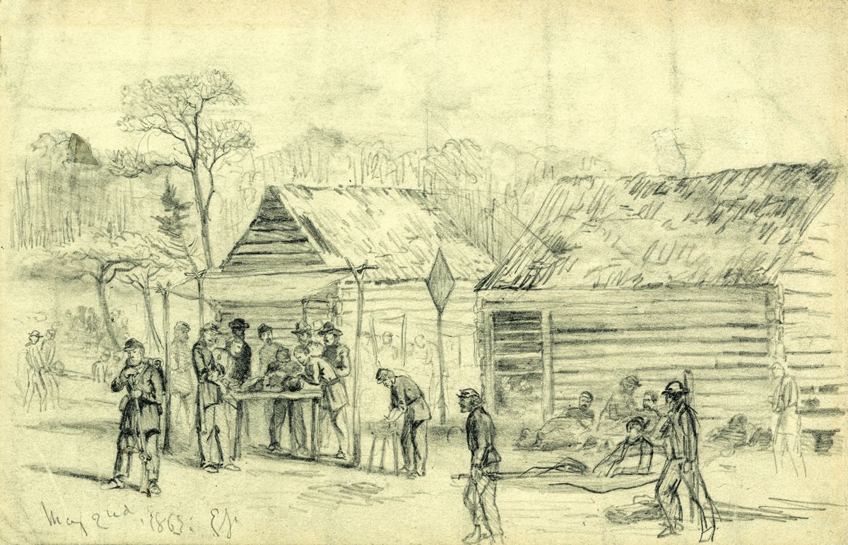 Wounded soldiers from the Battle of Chancellorsville at a makeshift field hospital. Library of Congress.