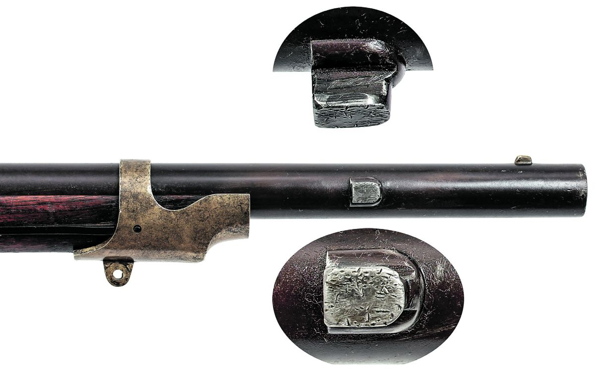 Close up of the Confederate applied bayonet lug with insets showing details of the somewhat crudely filed and applied lug from two different angles