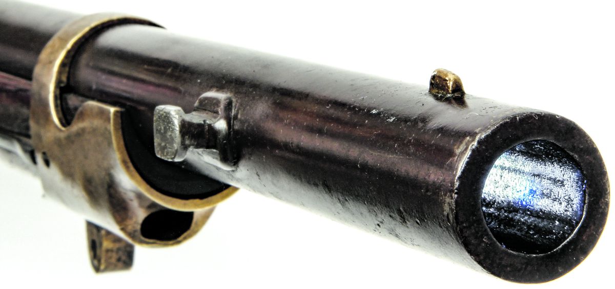 Muzzle of the C.S. modified Mississippi rifle, note the original 7-groove rifling and original brass blade front sight retained from the original Whitney manufacturing.