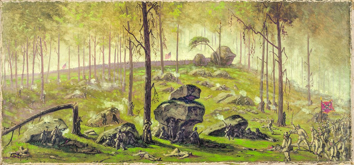 Edwin Forbes painting of the fighting on Culp’s Hill. Library of Congress.