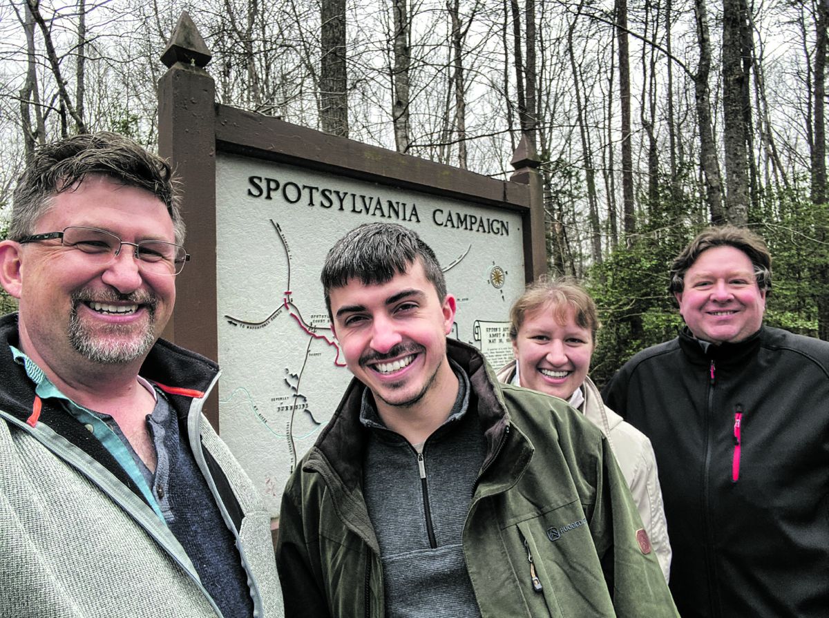 (from left: Chris Mackowski, Nathan Provost, Sarah Kay Bierle, and Terry Rensel) prepare to follow the footsteps of Emory Upton’s men on the Spotsylvania Court House Battlefield.