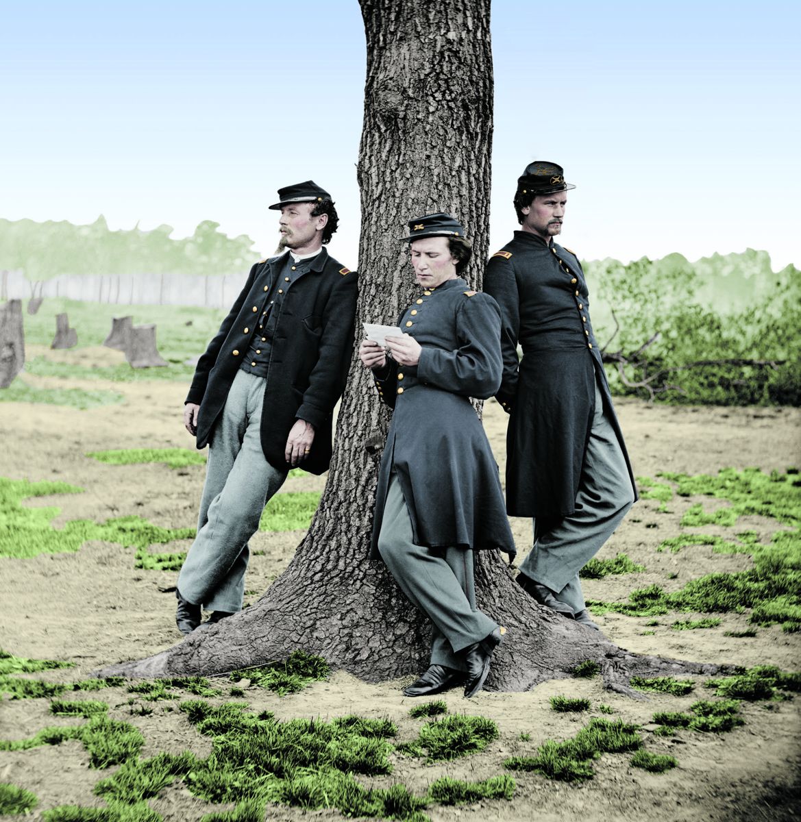 A Letter From Home, three officers of the 1st Conn. Heavy Artillery, Ft. Brady, Va., 1864, Colorization © 2015 civilwarincolor.com. Courtesy civilwarincolor.com/cwn. Library of Congress.