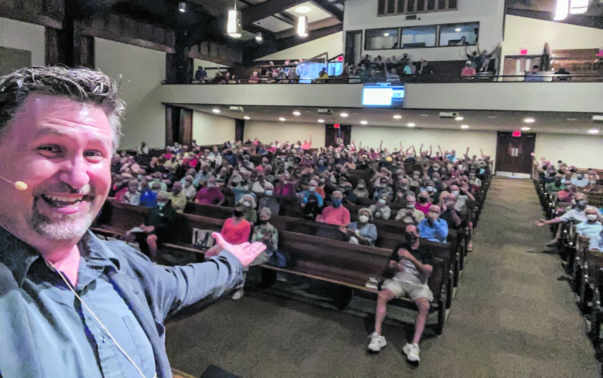 In September 2021, the Brunswick (NC) Civil War Roundtable met in person for the first time in more than a year and a half. Attendees masked up and gave themselves plenty of elbow room. Mackowski isn’t wearing a mask because he’s up on the stage, socially distanced, and about to speak.