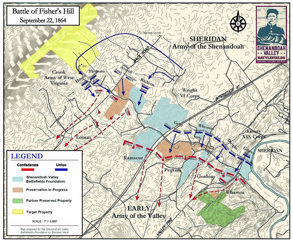 Map of battle and preserved properties on battlefield, with newly preserved property shown in yellow.