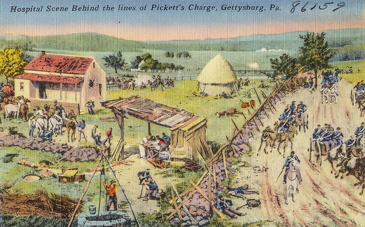 Gettysburg illustration of a hospital scene behind the lines.