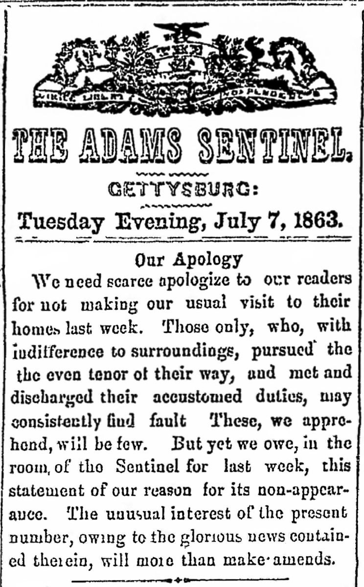 Gettysburg Adams Sentinel. Apology to readers July 7 1863.