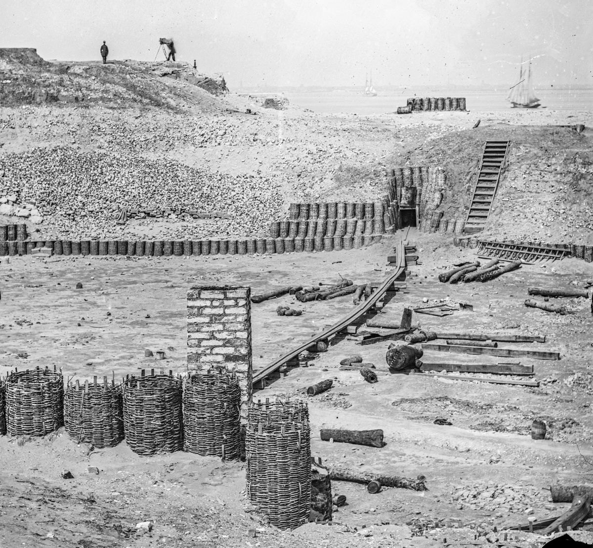Title reads: “Charleston, South Carolina. Photographer [Samuel Cooley] on parapet of Fort Sumter photographing soldier.” Original Library of Congress photo can be found online at: https://www.loc.gov/pictures/collection/cwp/item/2018670981/.